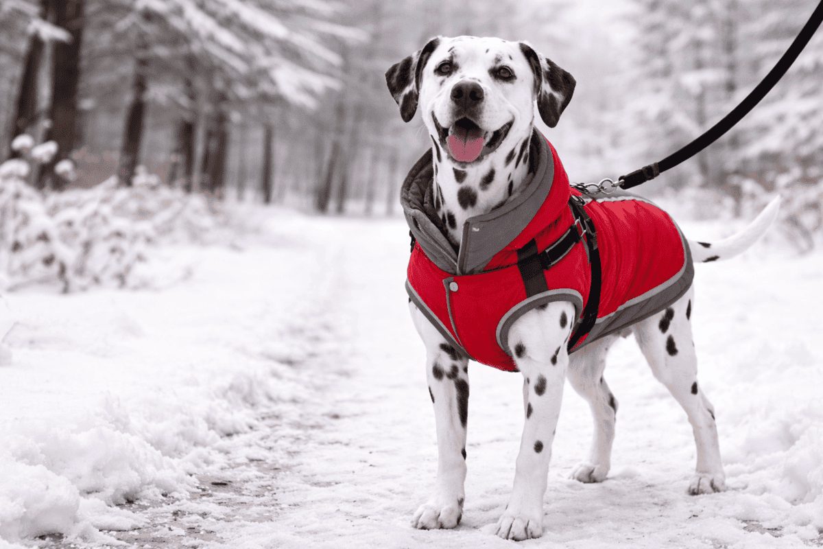 Dalmatiner trägt roten Wintermantel und steht auf verschneitem Waldweg – Schutz für Hunde bei kaltem Winterwetter