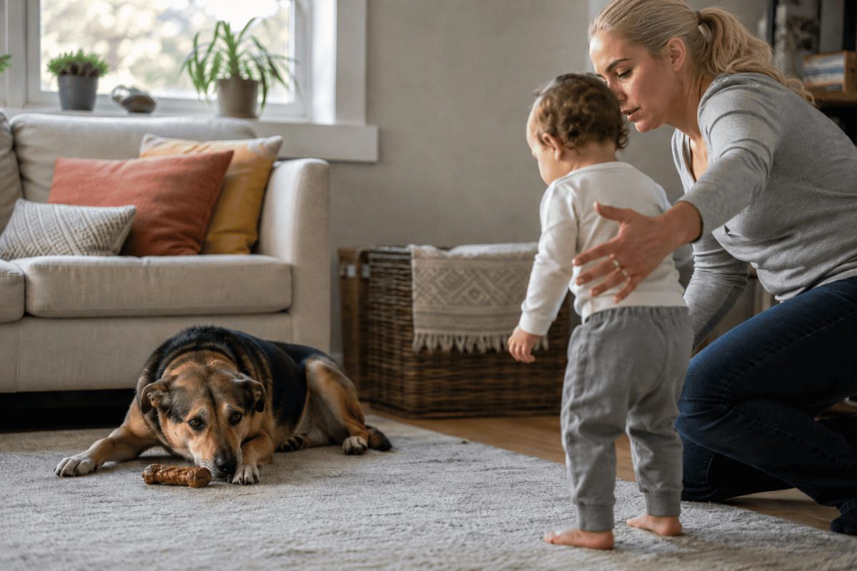 Mutter schützt ein Kleinkind beim Umgang mit einem ruhenden Familienhund im Wohnzimmer, während der Hund neben einem Kauknochen auf dem Boden liegt.