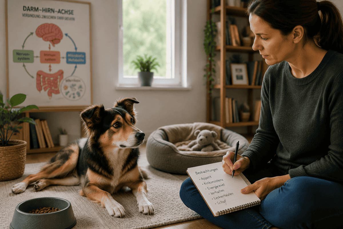 Hund wird im Alltag beobachtet, um mögliche Zusammenhänge zwischen Verdauung, Gesundheit und Verhalten im Rahmen der Darm-Hirn-Achse einzuschätzen.