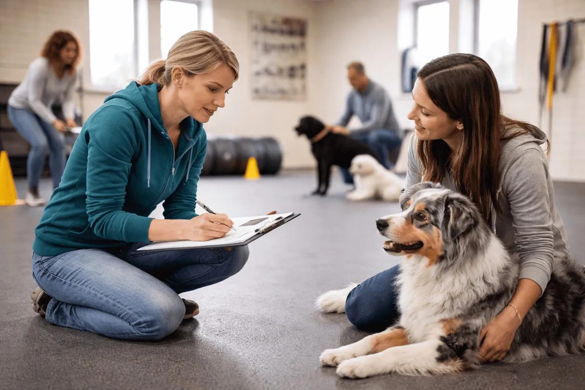Hundetraining in der Ausbildung, Trainerin bespricht Verhalten mit Halterin und Hund in Trainingsumgebung