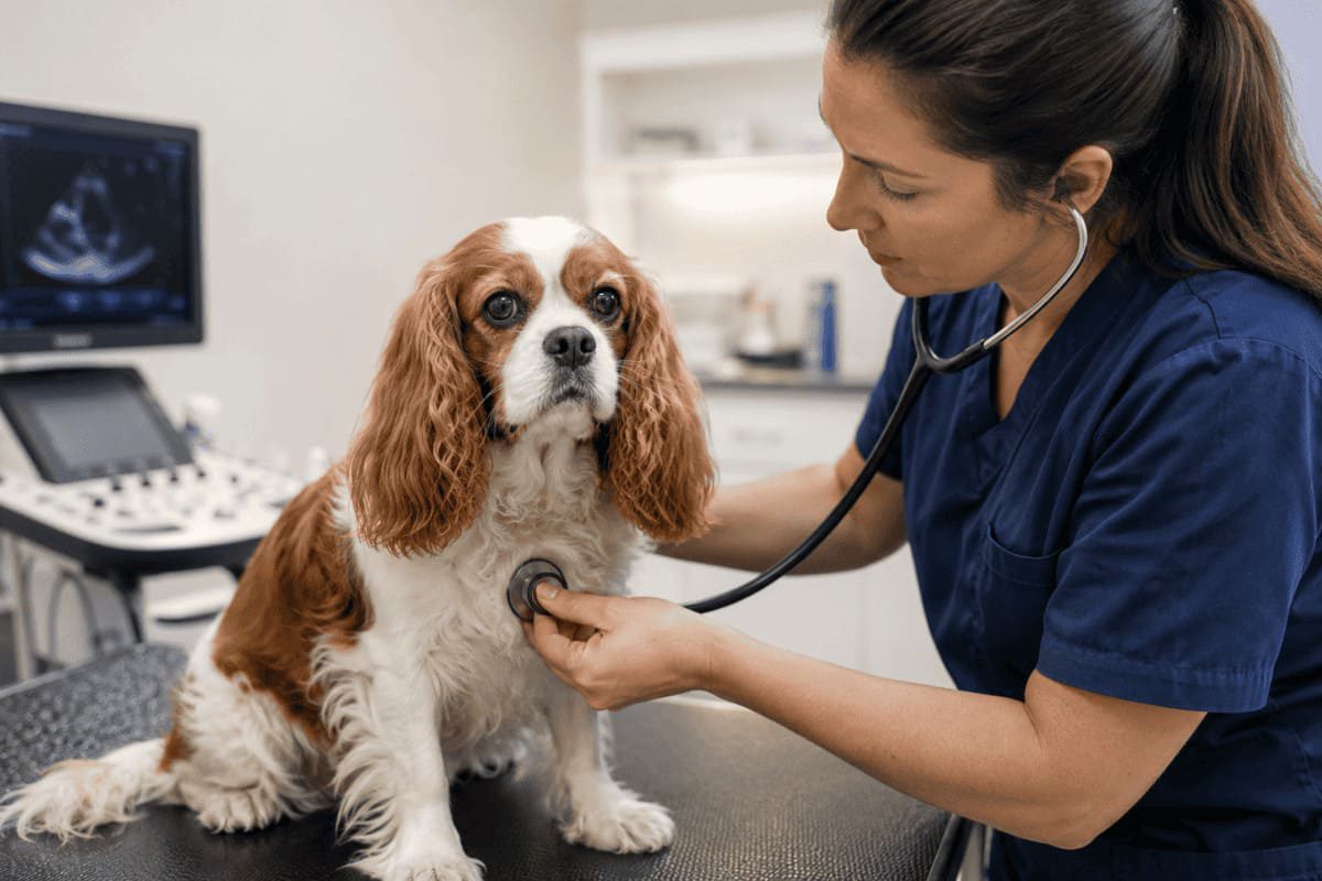 Tierärztin untersucht einen Cavalier King Charles Spaniel mit Stethoskop in einer Tierklinik. Im Hintergrund ist ein Herzultraschallgerät mit Darstellung des Herzens zu sehen. Die Untersuchung dient der Abklärung einer Mitralklappenerkrankung (MMVD) und anderer Herzerkrankungen beim Hund.