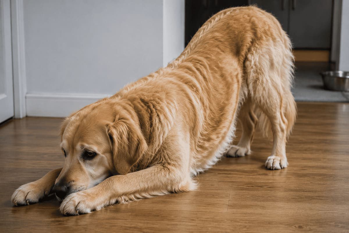 Hund zeigt die typische Gebetsstellung bei möglichen Bauchschmerzen: Vorderkörper liegt auf dem Boden, während die Hinterhand aufgerichtet bleibt. Der Golden Retriever wirkt unwohl in einer häuslichen Umgebung. Das Bild symbolisiert ein mögliches Anzeichen einer Pankreatitis beim Hund und die Bedeutung, Schmerzen früh zu erkennen.