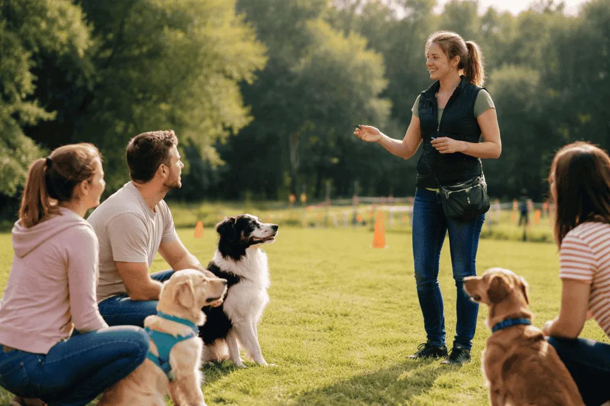 Hundetraining in einer Hundeschule: Trainerin erklärt Übungen für mehrere Mensch-Hund-Teams auf einem Trainingsplatz im Freien.