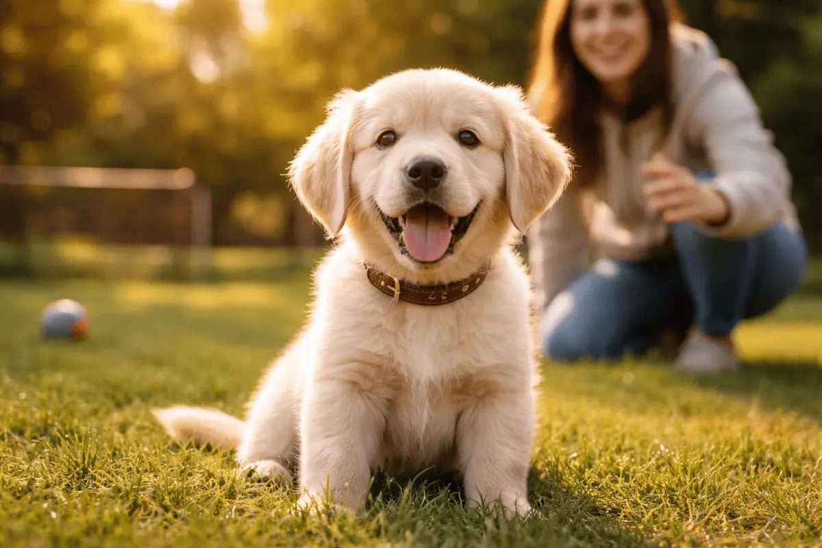 Golden Retriever Welpe sitzt aufmerksam auf einer Wiese im Garten, schaut neugierig nach vorne, unscharfer Mensch im Hintergrund im warmen Abendlicht