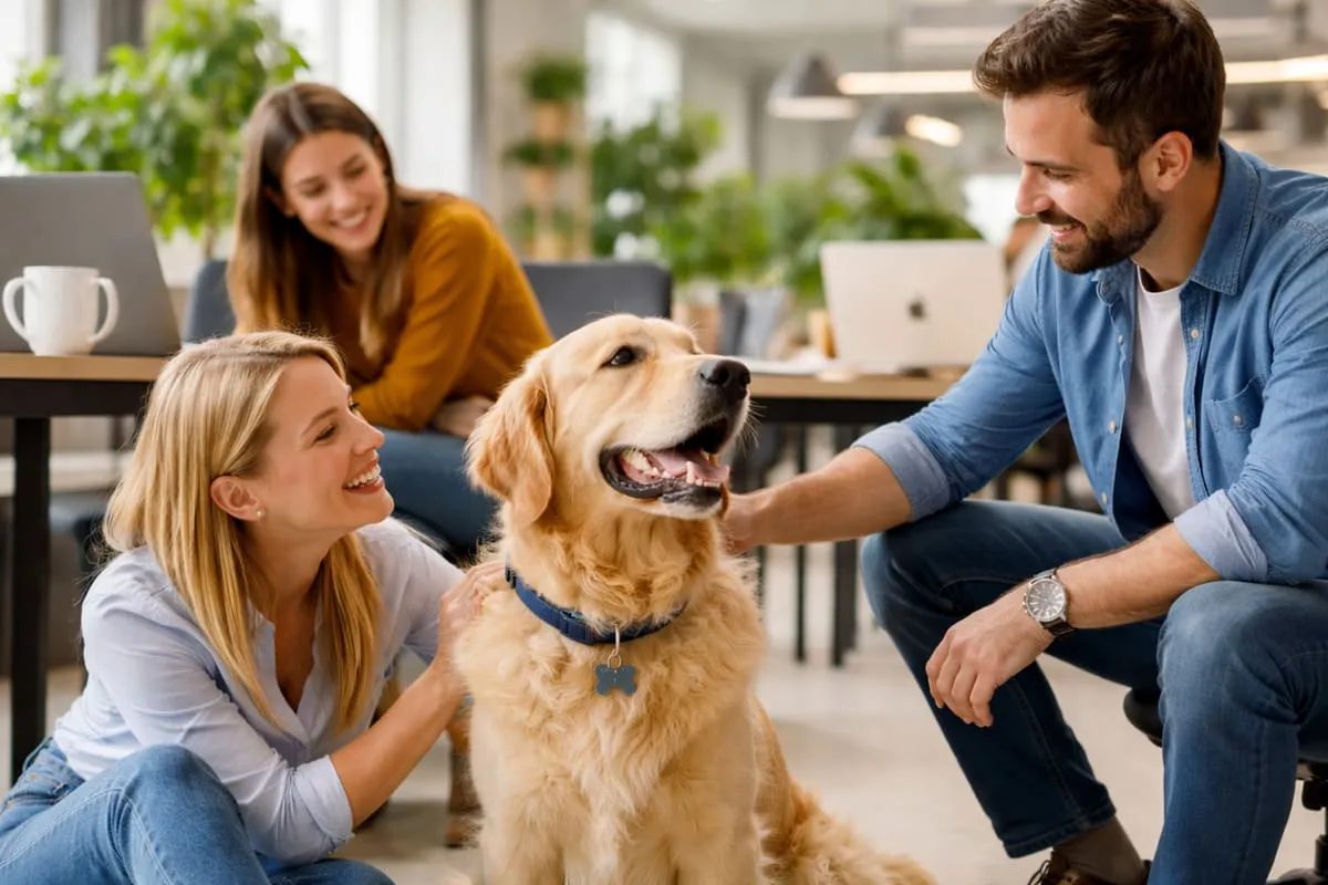 Bürohund im modernen Büro: Golden Retriever wird von Mitarbeitern gestreichelt und sorgt für entspannte Atmosphäre und positives Arbeitsklima am Arbeitsplatz.