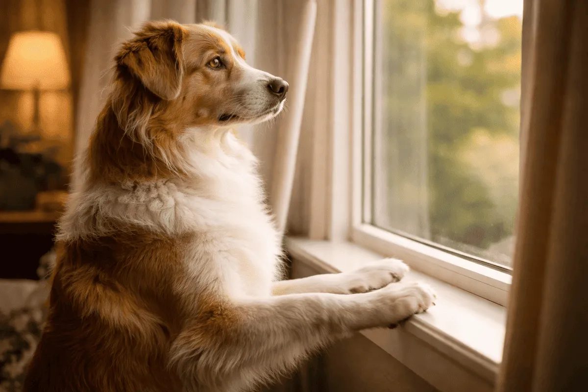 Hund steht am Fenster und schaut nach draußen – typisches Verhalten eines Hundes, der auf seinen Besitzer wartet