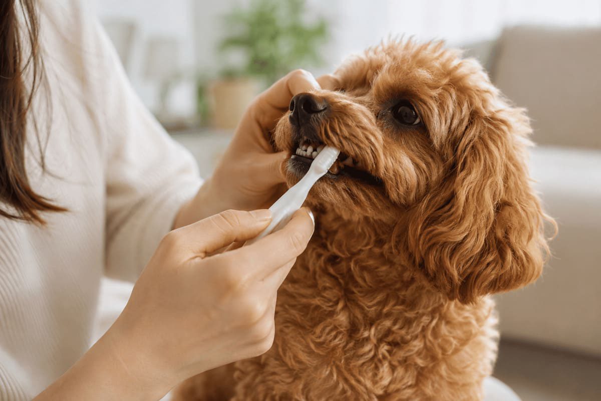 Hund bekommt zu Hause mit einer Zahnbürste die Zähne geputzt. Eine Halterin pflegt vorsichtig das Gebiss eines kleinen Hundes und gewöhnt ihn an die tägliche Zahnpflege. Das Bild zeigt die regelmäßige Zahnreinigung beim Hund als wichtige Maßnahme zur Vorbeugung von Zahnstein und Zahnerkrankungen.
