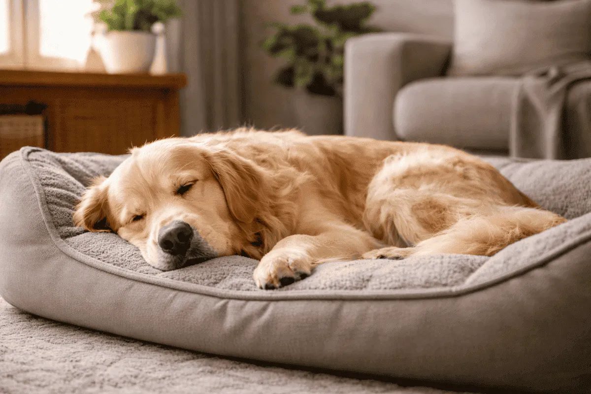 Schlafender Hund liegt entspannt auf einem Hundebett im Wohnzimmer – Beispiel für erholsamen Hundeschlaf