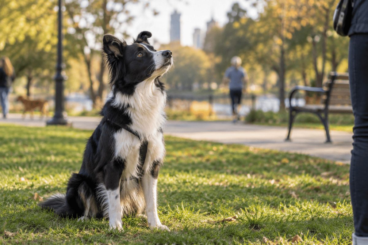 Border Collie sitzt aufmerksam in einem Park neben seinem Halter – Sinnbild dafür, wie ein gelerntes Verhalten von der vertrauten Trainingsumgebung in neue Kontexte übertragen werden muss.