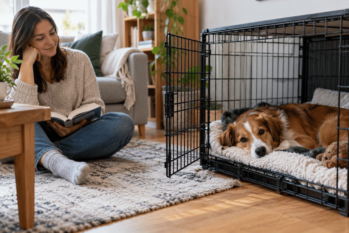 Hund liegt entspannt auf weicher Unterlage in einer geöffneten Hundebox, während eine Person ruhig daneben sitzt.