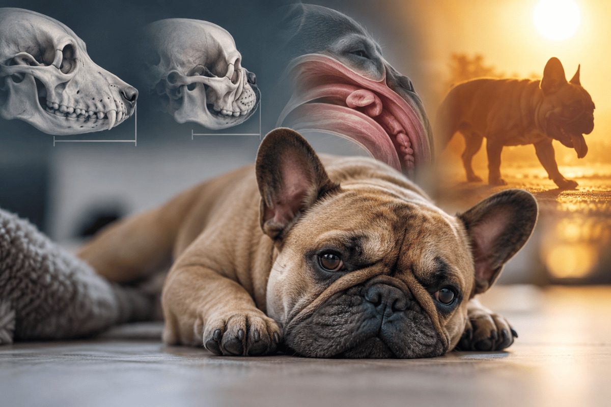 French Bulldog lying in the foreground with illustrations of brachycephalic skull shape, narrowed airways, and a panting dog in hot weather in the background.