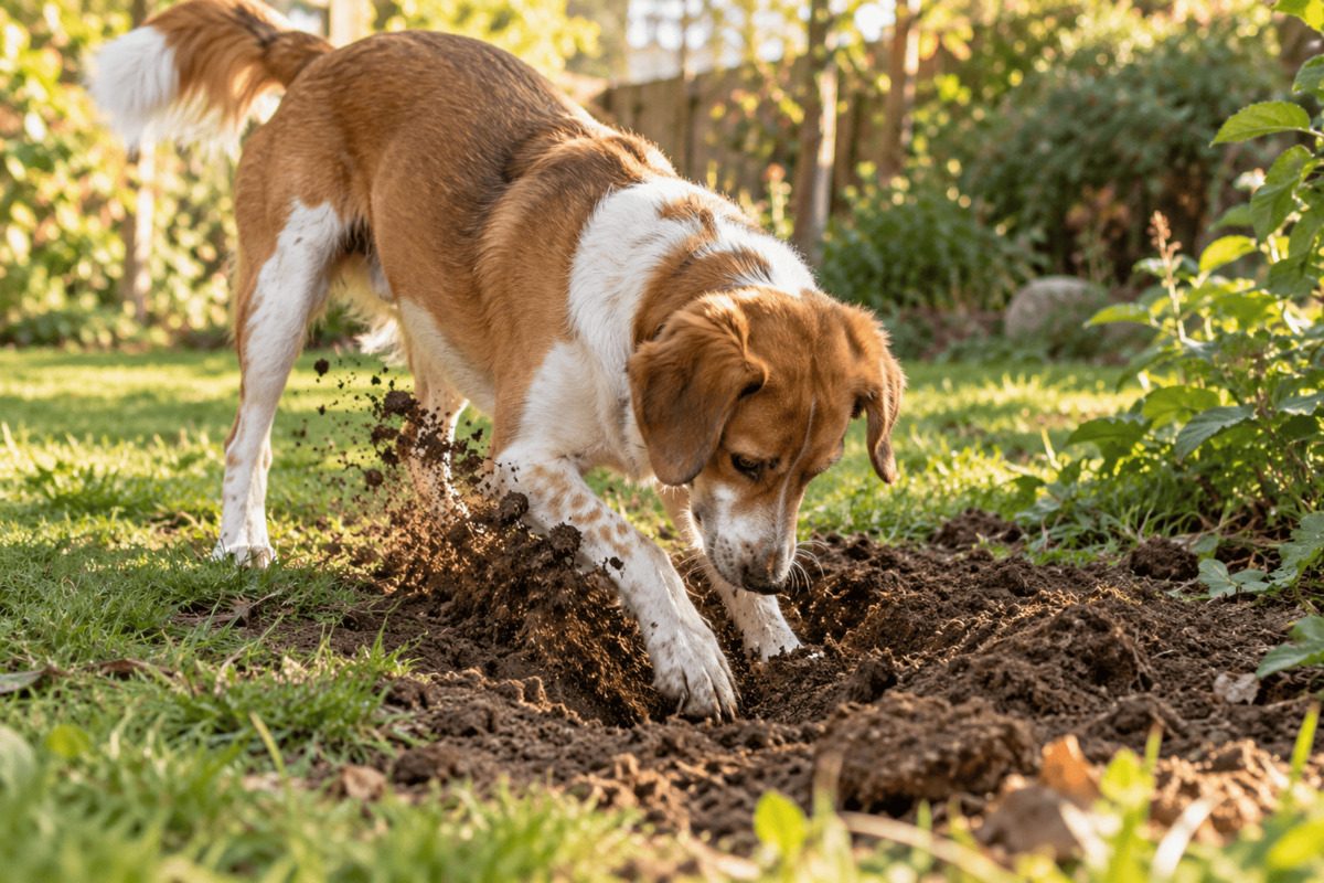 Ein braun-weißer Hund gräbt mit seinen Vorderpfoten ein Loch in die Erde eines Gartens. Dabei wirbelt er lockere Erde auf und konzentriert sich auf die Grabstelle.