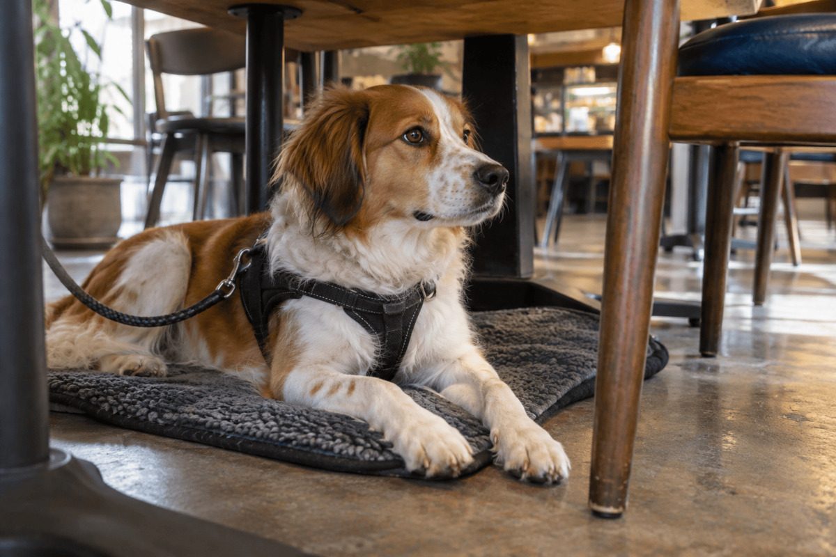A brown and white dog lies on a leash on a gray blanket under a table in a café. It wears a black harness and attentively watches its surroundings.