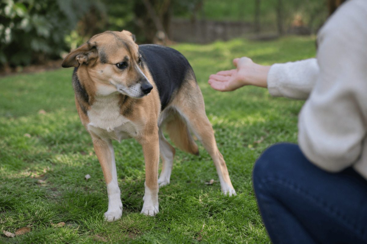 Mischlingshund auf einer Wiese dreht den Kopf von einer Person weg, die sich zu ihm hinunterbeugt; die Ohren sind zurückgelegt, die Rute tief.