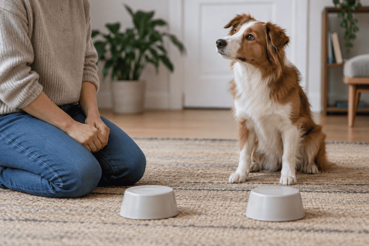 A dog sits in front of two bowls and attentively watches a person during a choice task.