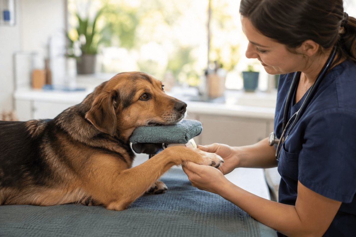 Hund liegt entspannt auf einer Untersuchungsliege und legt den Kopf freiwillig auf ein weiches Kissen, während eine Tierärztin behutsam seine Vorderpfote untersucht.