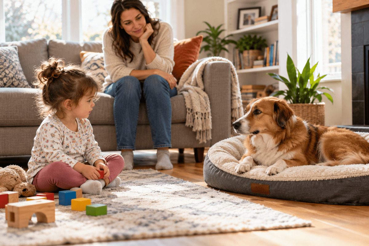 A small child sits on the floor at a distance from a resting dog while an adult watches the situation attentively. The dog lies relaxed on his bed in a bright living room.