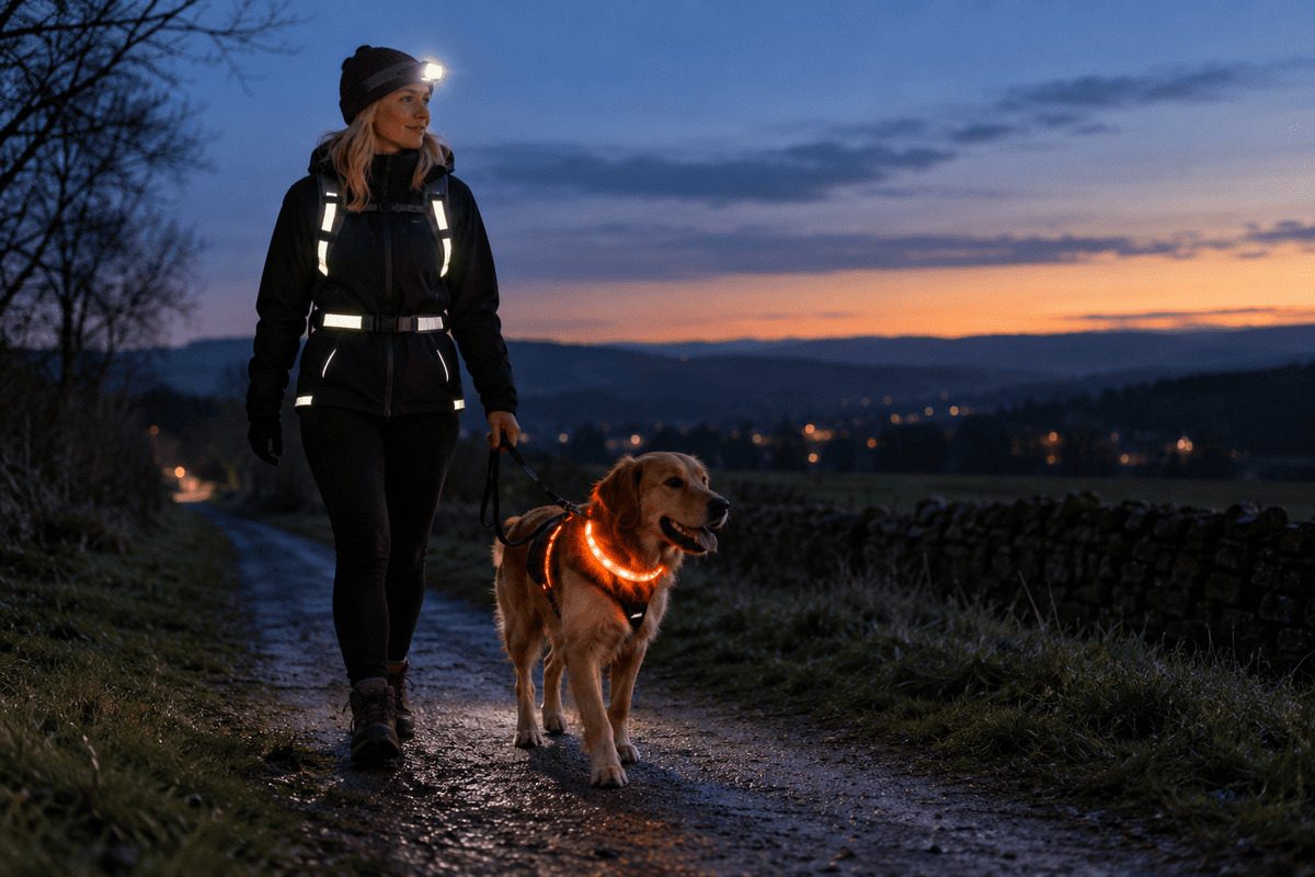 Frau geht in der Dämmerung mit einem Hund über einen Feldweg; beide tragen gut sichtbare reflektierende oder leuchtende Ausrüstung.