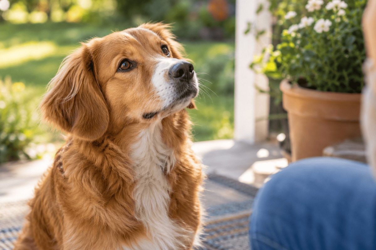 A dog sits attentively on a patio in warm daylight, looking up toward a person close by at the right edge of the picture. The dog shows a calm, focused posture with its gaze directed upward. In the background are a garden with green plants and a relaxed home setting. The image shows the attentive social interaction between dog and human.