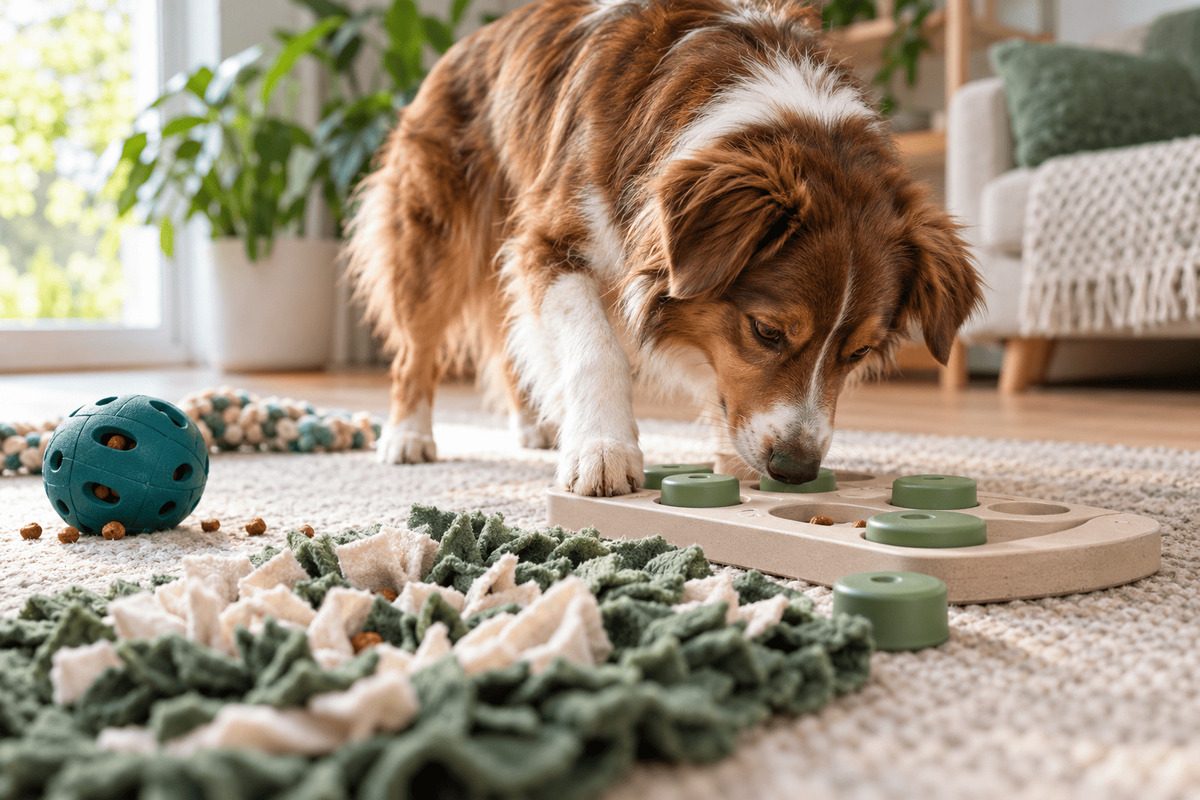 Hund beschäftigt sich in einem hellen Wohnzimmer mit einem Futter-Puzzlespiel; daneben liegen ein Schnüffelteppich und weiteres Beschäftigungsspielzeug.