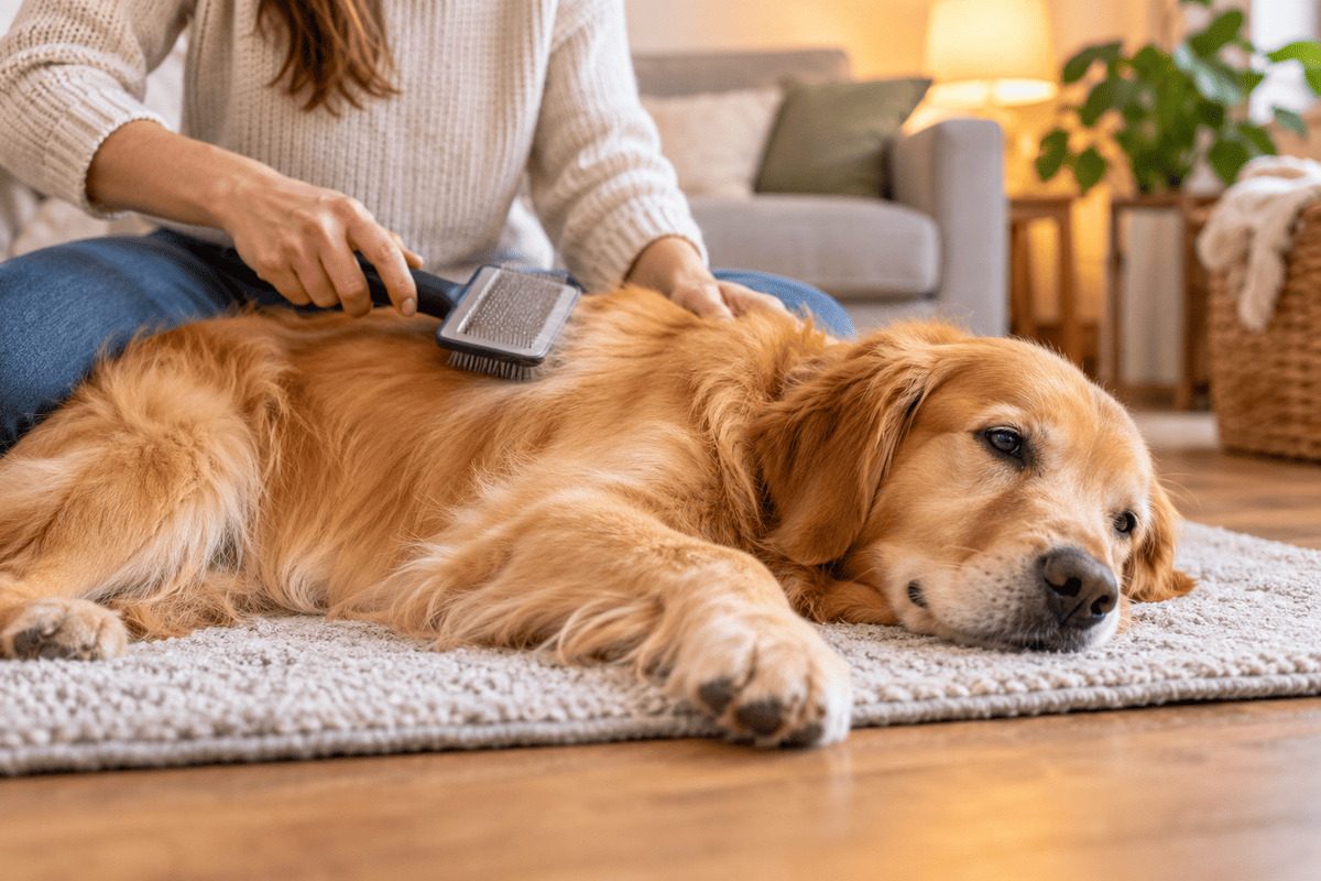 A golden retriever lies relaxed on a mat while its coat is calmly brushed.