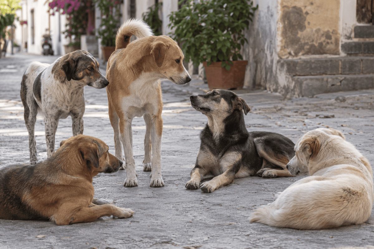 Gruppe freilebender Hunde, die in städtischer Umgebung ruhig miteinander interagieren – Sinnbild für soziale Beziehungen, Kommunikation und Gruppenstruktur unter Hunden.
