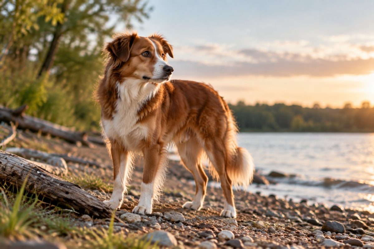 A red-and-white dog stands attentively on a gravel path by a lake. It looks calmly to the side while warm evening light falls on its coat. In the background are water, trees and a blurred landscape at sunset. The scene shows a dog taking in its surroundings.