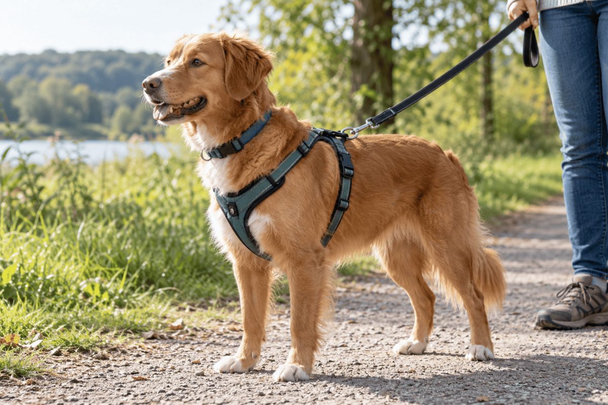 A dog wearing a well-fitting harness stands relaxed on a leash on a sunny lakeside path while the owner stands beside it.