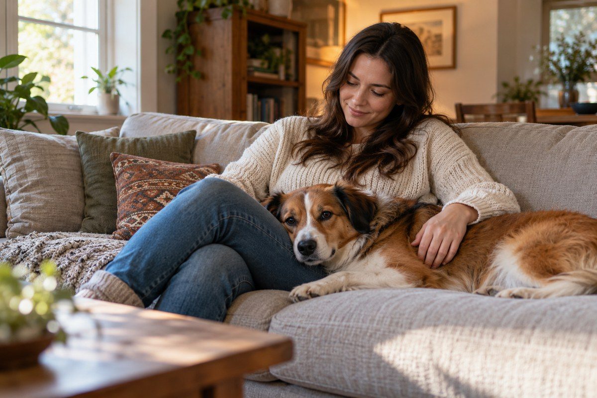 A blonde woman sits close together with her relaxed dog on the sofa, lovingly keeping physical contact.