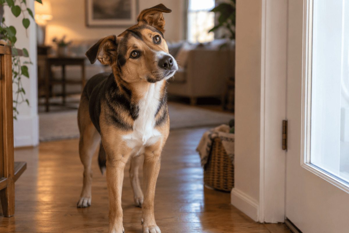 Dog standing indoors with ears raised and an attentive expression, illustrating canine hearing and how dogs perceive sounds in a home environment.