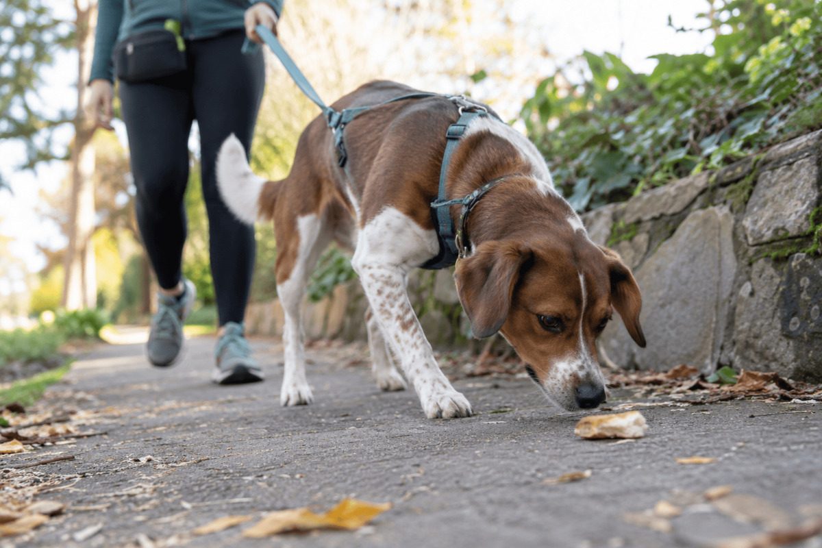 A leashed dog examines a piece of food it has found on the ground along a walking path while the owner stands attentively beside it.