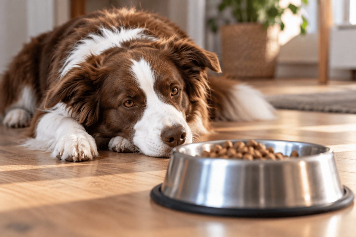 A dog lies on the floor in front of a full food bowl, showing little interest in eating.