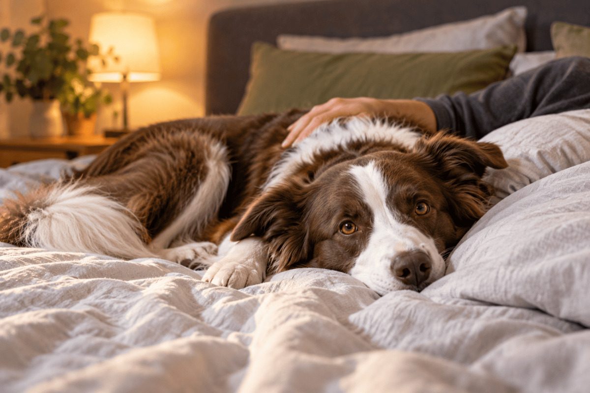 Braun-weißer Hund liegt entspannt auf einer zerwühlten Bettdecke im Schlafzimmer, während eine Hand auf seinem Rücken ruht.
