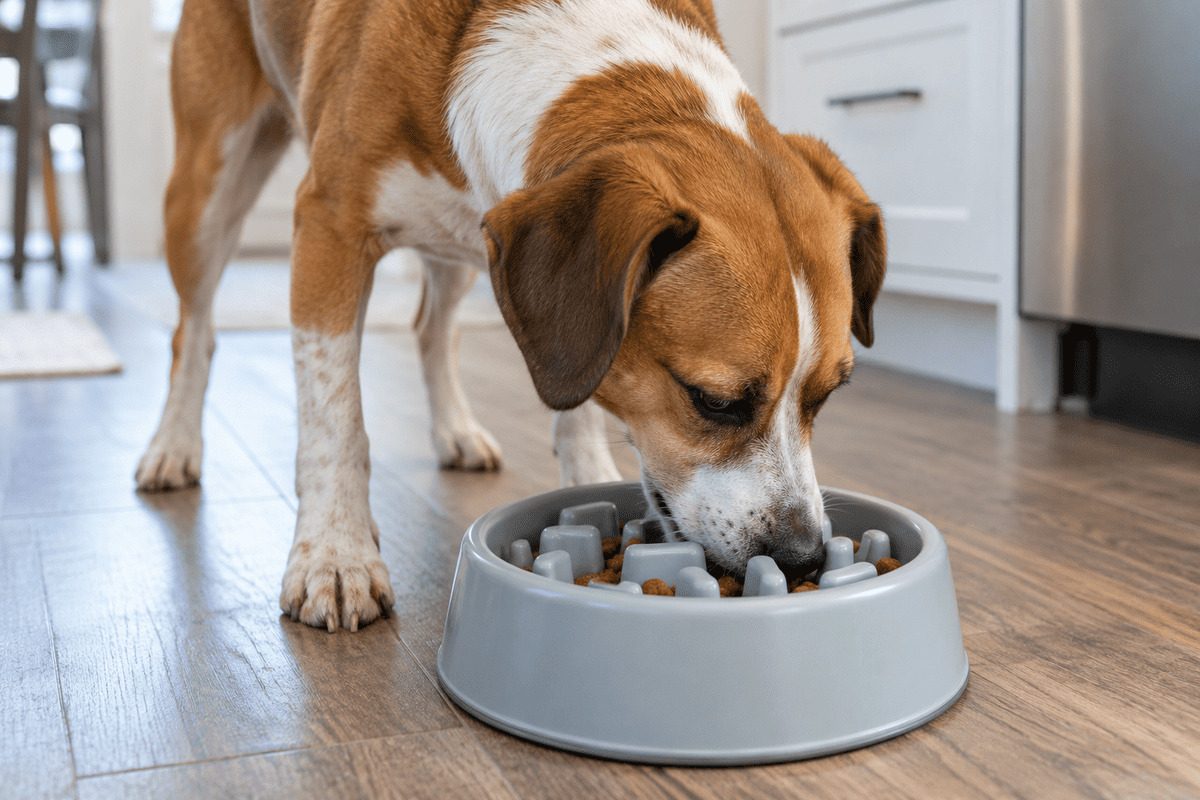 A dog eats from a slow-feeder bowl with raised ridges on the kitchen floor.