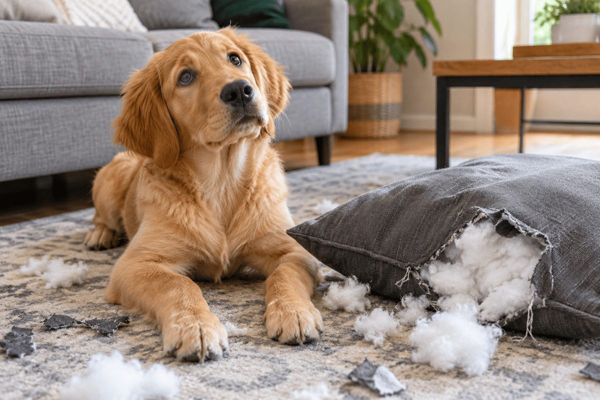 A young dog lies next to a torn-open cushion with stuffing scattered across the living room.