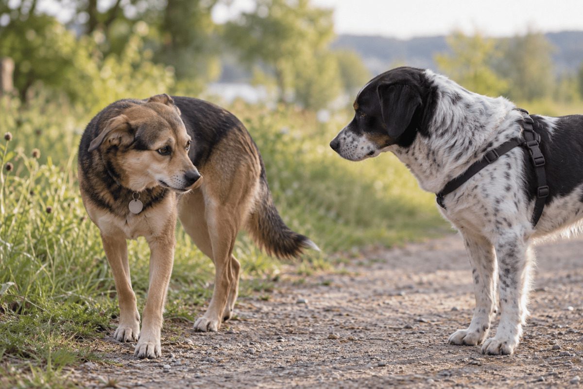 Zwei Hunde begegnen sich auf einem Naturweg. Der braune Hund wendet den Kopf leicht ab und leckt sich über die Schnauze, während der schwarz-weiße Hund ihn aufmerksam beobachtet.