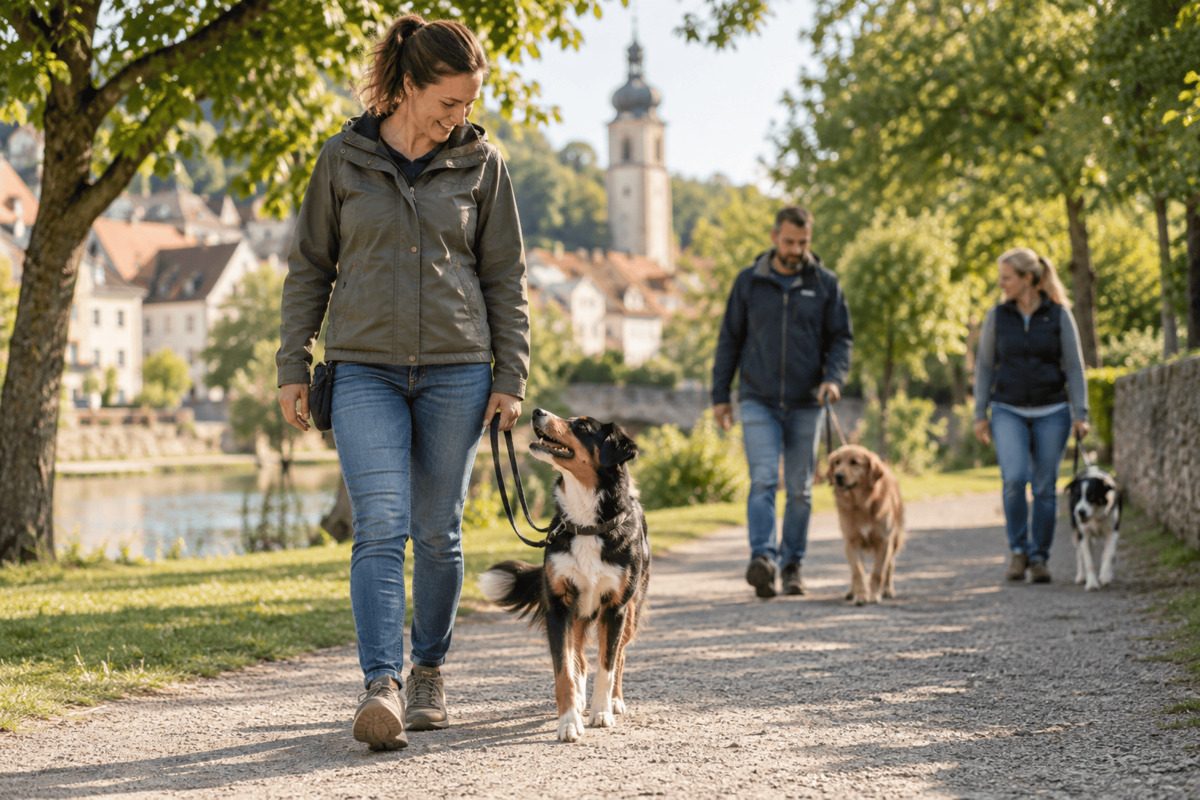 Hundeführerschein im Saarland – Mensch-Hund-Team übt Leinenführigkeit im Gruppentraining