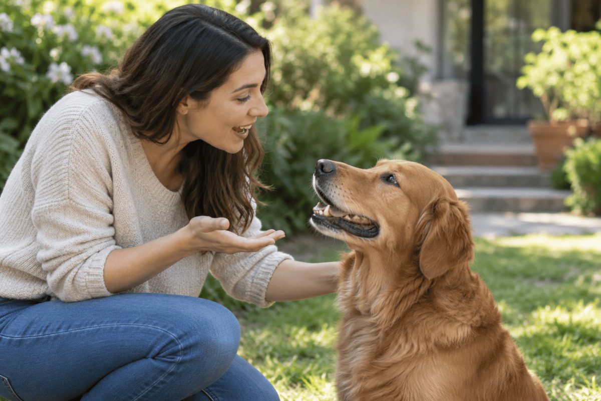 A woman crouches in a garden, smiling and gesturing as she talks to an attentive golden retriever that looks up at her.
