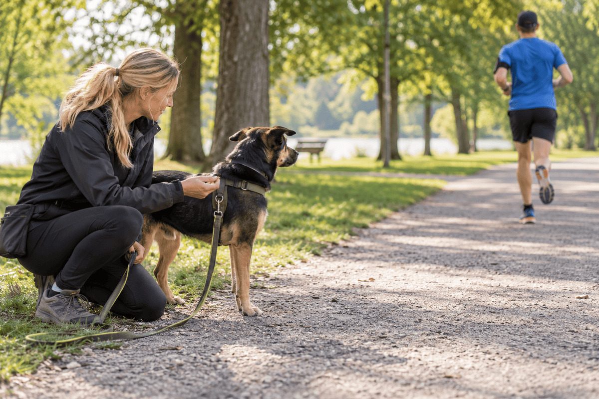 Hund an der Leine beobachtet einen vorbeilaufenden Jogger, während seine Halterin ihn mit Abstand ruhig begleitet.