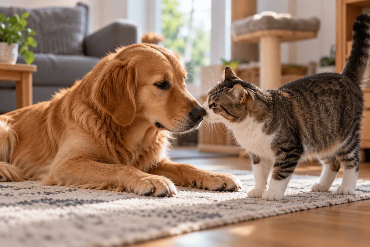A golden retriever lies relaxed on a rug and calmly greets a cat nose to nose. Both animals are in a bright living room with a cat tree in the background.