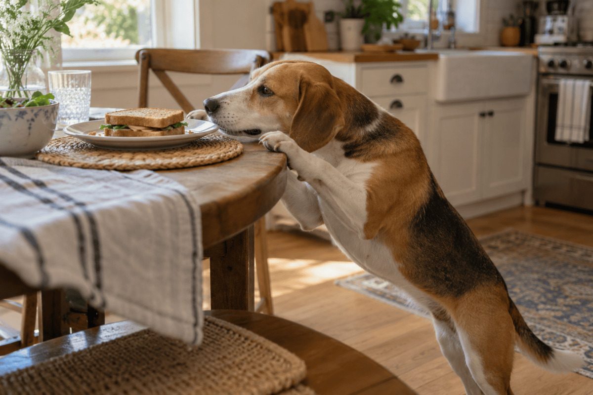 Ein braun-weiß-schwarzer Hund stellt seine Vorderpfoten auf den Esstisch und schnuppert an einem belegten Sandwich auf einem Teller. Die Szene zeigt typisches Futterklauen im häuslichen Alltag.