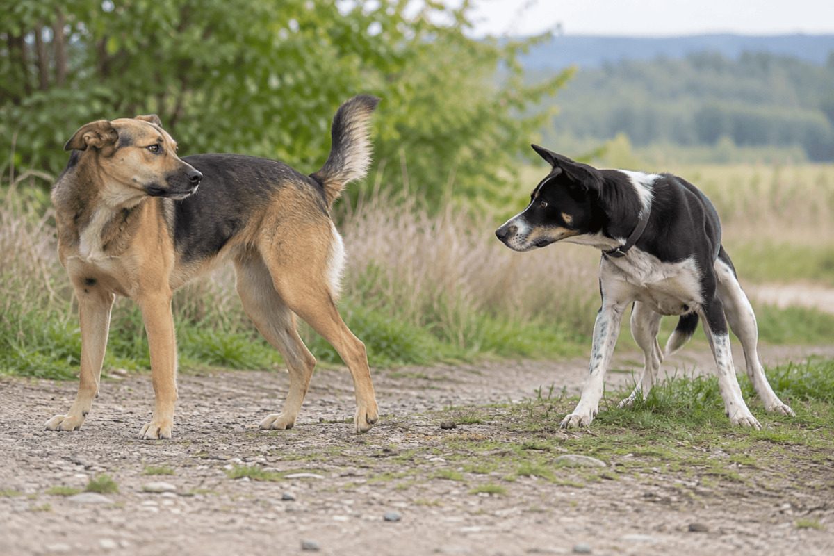Zwei Hunde stehen sich auf einem Feldweg gegenüber: Ein schwarz-brauner Mischling mit erhobener Rute blickt zu einem schwarz-weißen Hund, der den Kopf abwendet und Abstand hält.