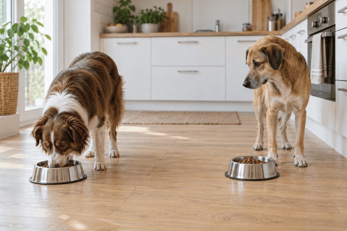 Zwei Hunde in einer Küche vor zwei Näpfen: Einer frisst, der andere steht abwartend daneben und sieht zu ihm hinüber.