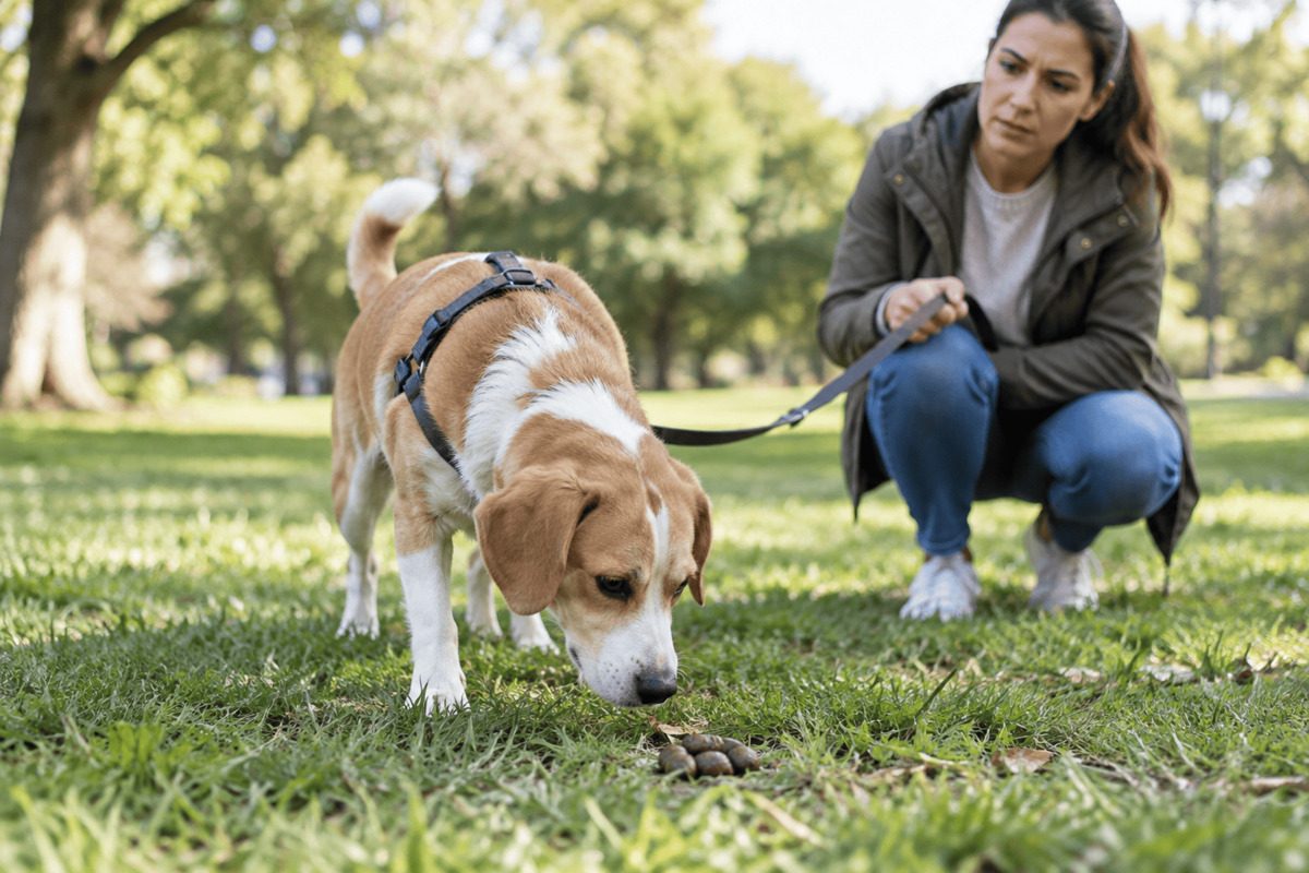 A dog sniffs at a small pile of feces on a meadow while his owner watches him attentively on the leash.