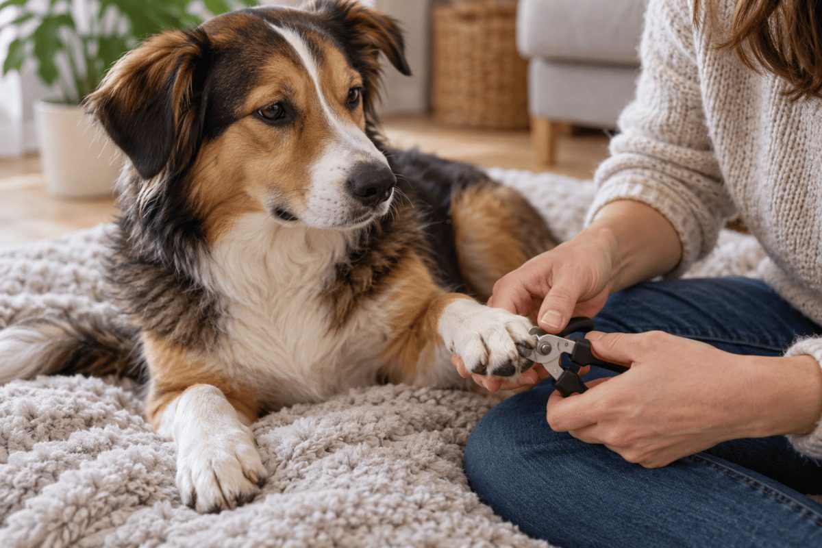 A dog lies calmly on a soft blanket while a person gently holds a front paw and trims the nails with nail clippers.