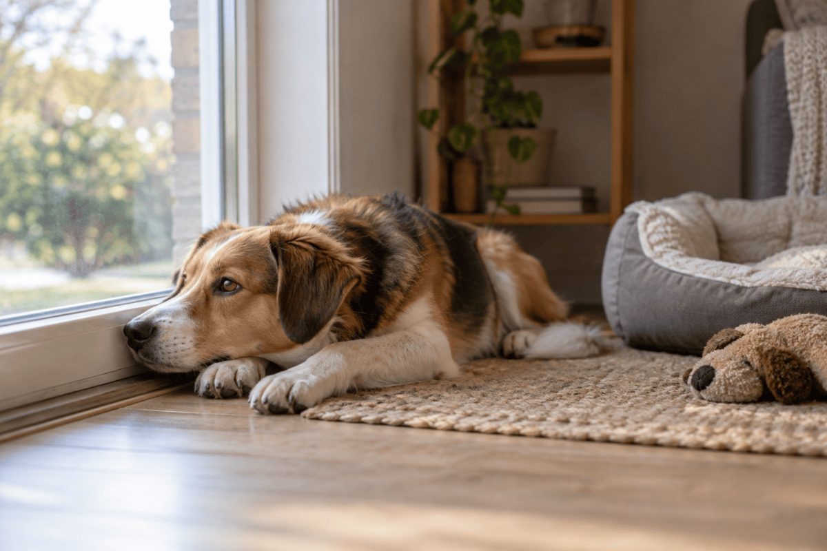 A brown, white and black dog lies awake and calm by the window with its head on its front paws, looking outside. Next to it are a dog bed and an unused plush toy.