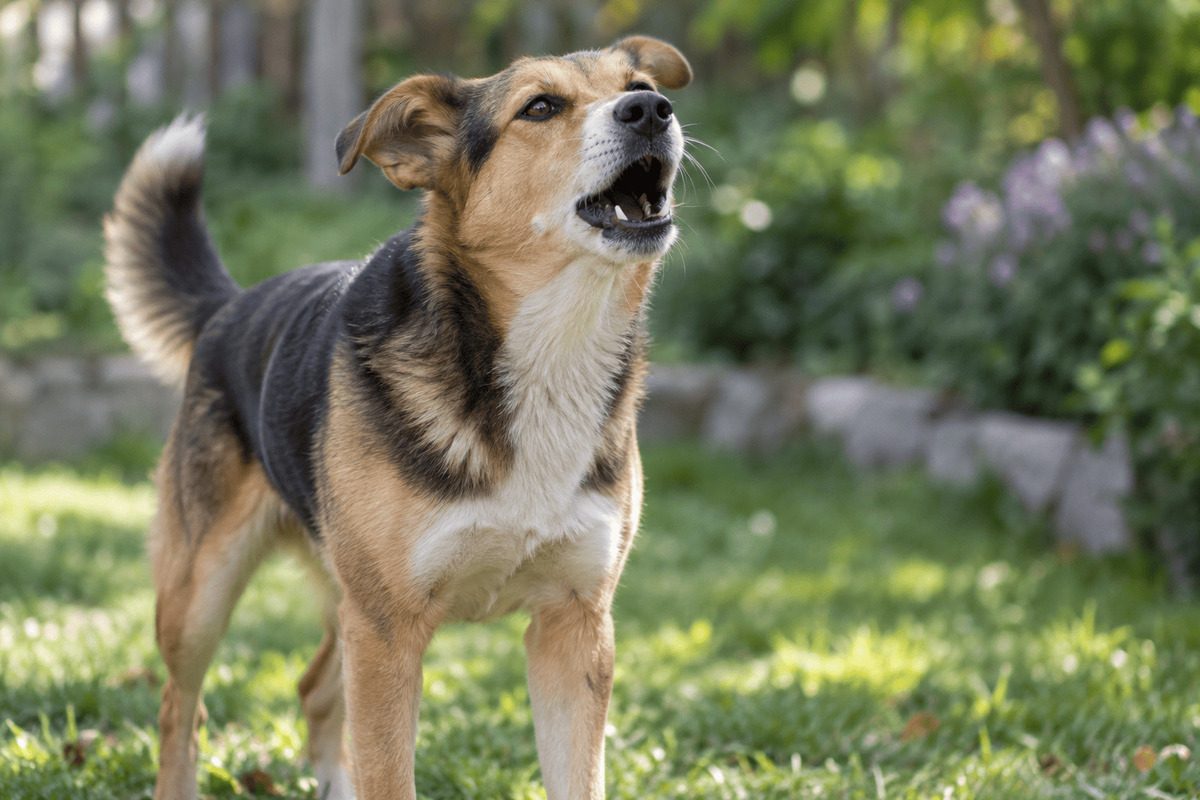 Bellender Mischlingshund steht aufmerksam auf einer Wiese in einem sonnigen Garten.