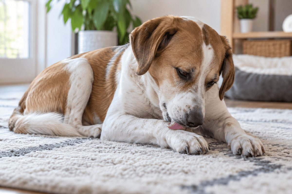 A brown and white dog lies on a light-colored rug in the living room, intently licking its front paw. Its head is lowered and its tongue is clearly visible.
