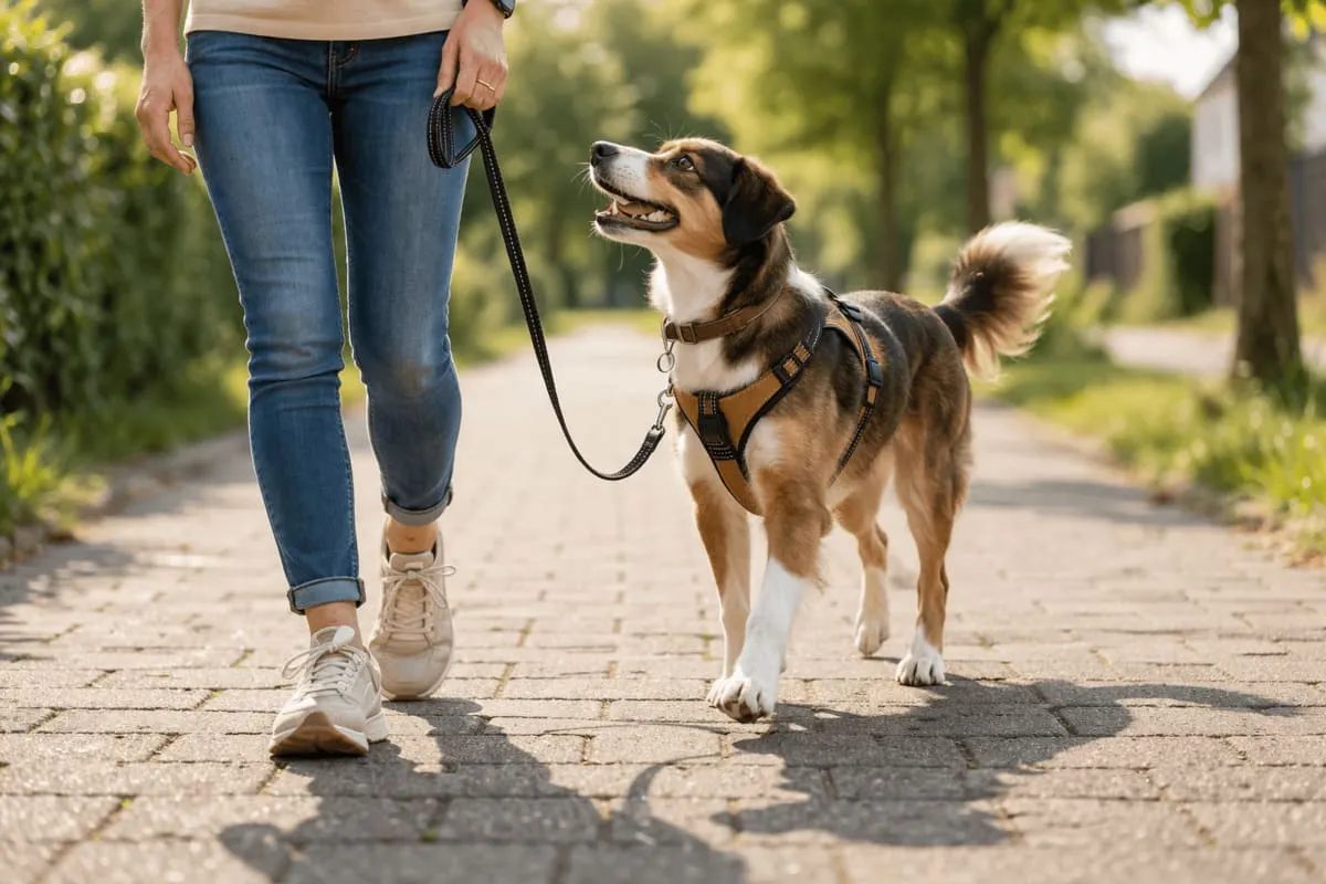 Hund läuft entspannt an lockerer Leine neben Halter auf Spazierweg – Training Leinenführigkeit im Alltag
