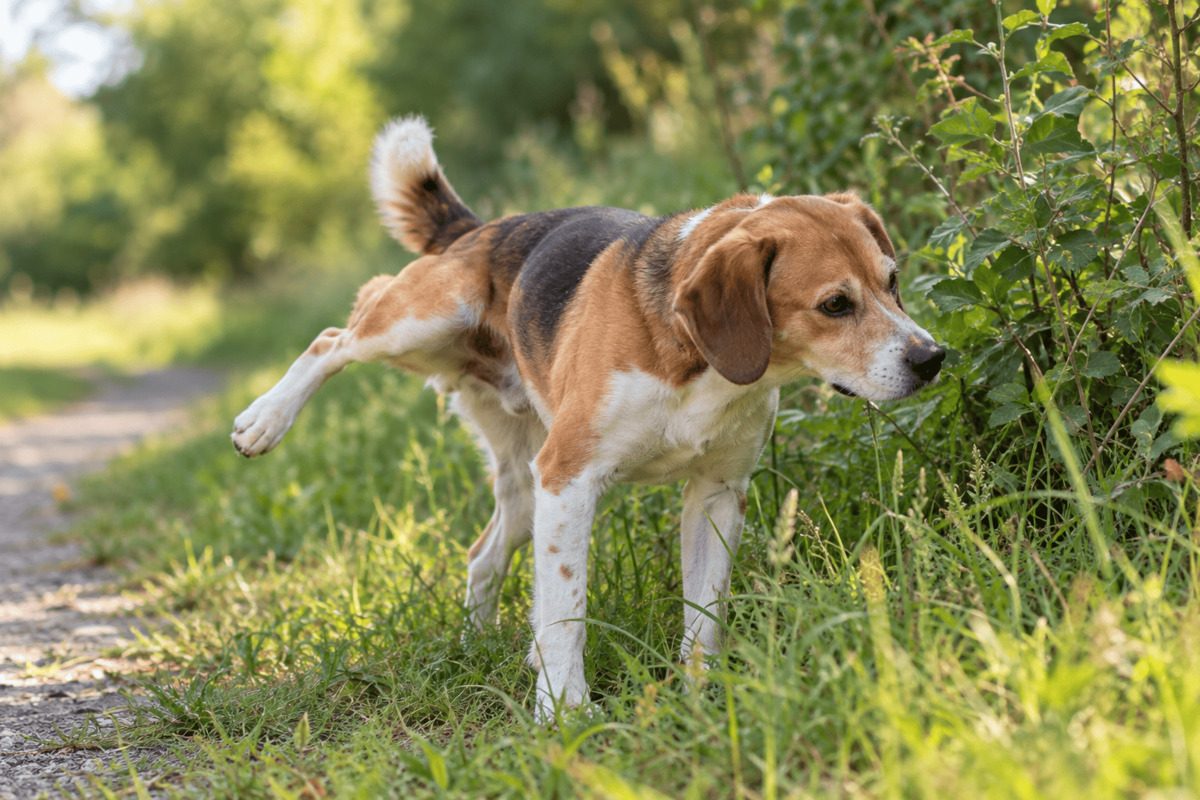 Braun-weiß-schwarzer Hund hebt beim Markieren an einem grünen Strauch das Hinterbein. Die Aufnahme zeigt typisches Markierverhalten am Rand eines Naturwegs.